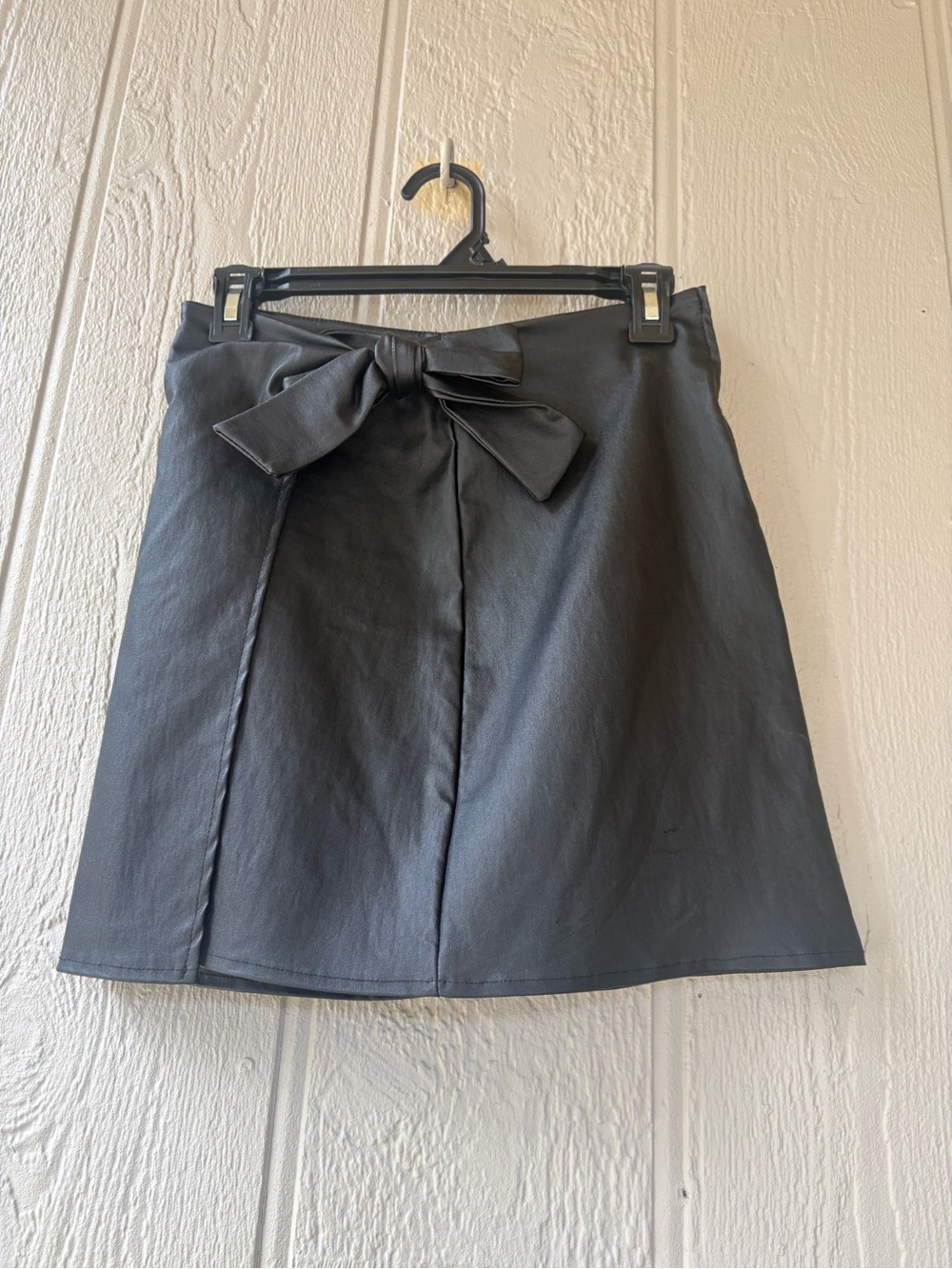 Black Faux Leather Mini Skirt with Front Bow